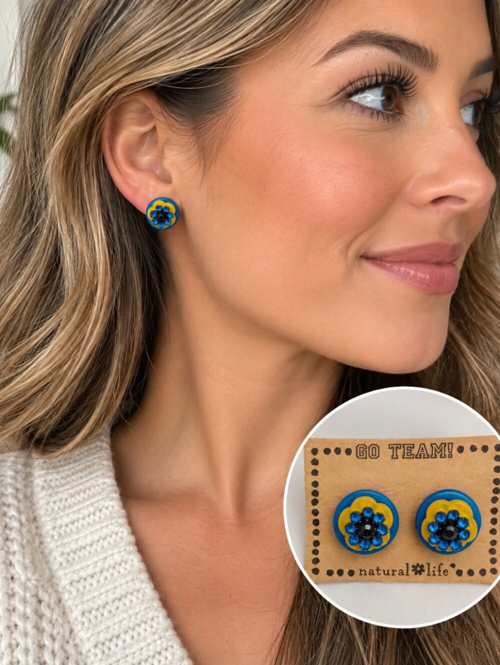 Natural Life Go Team Blue Yellow Rhinestone Flower Stud Earrings